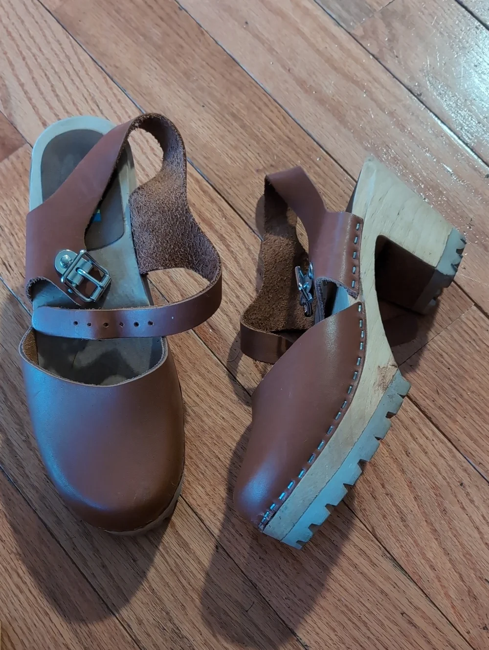 MIA Brown Leather Clog Sandals with Buckle Strap